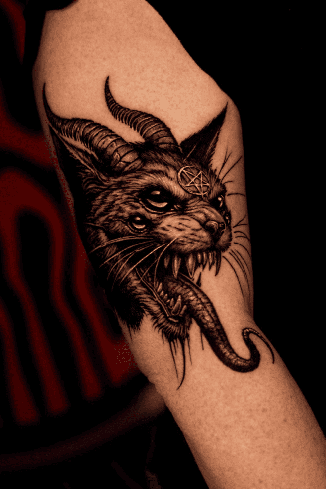 Horned demonic cat with a pentagram and forked tongue, dark blackwork on the upper arm
